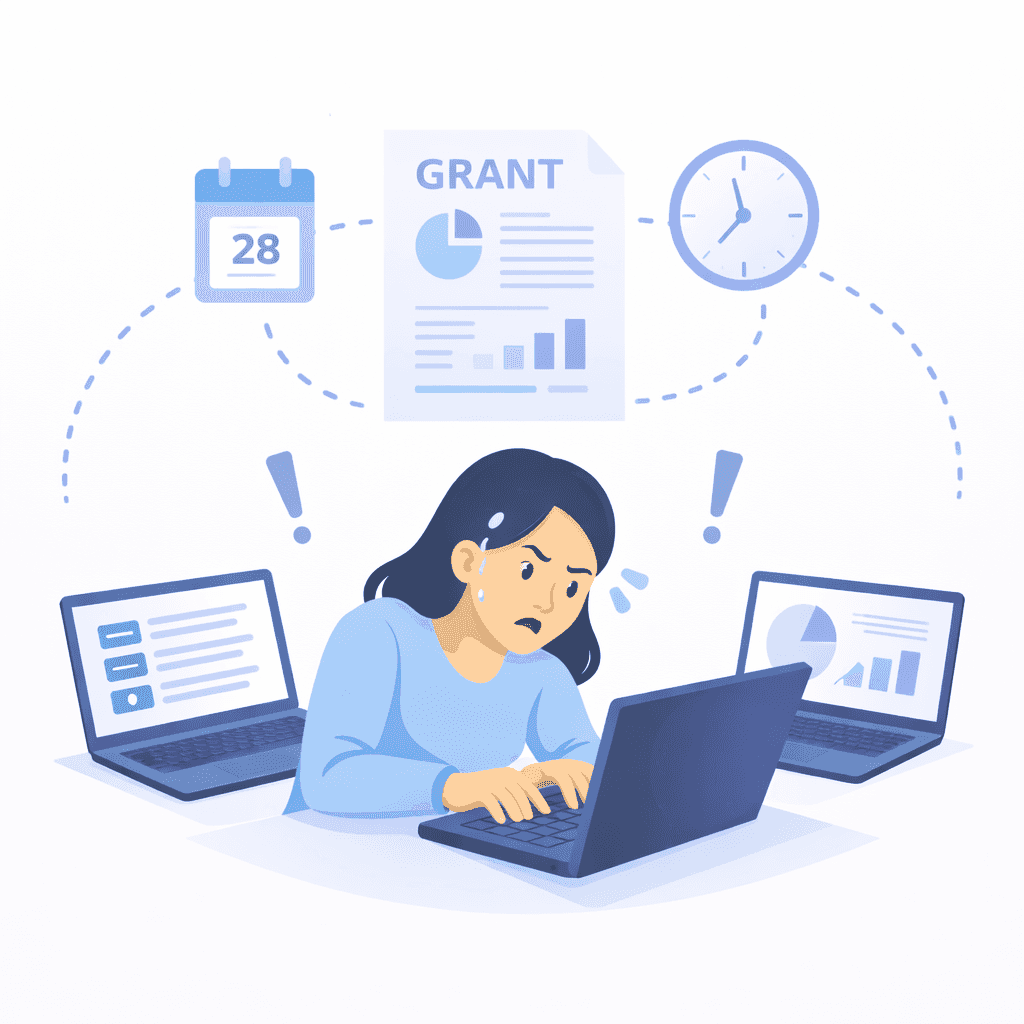 Stressed worker juggling multiple disconnected systems during grant deadline crunch