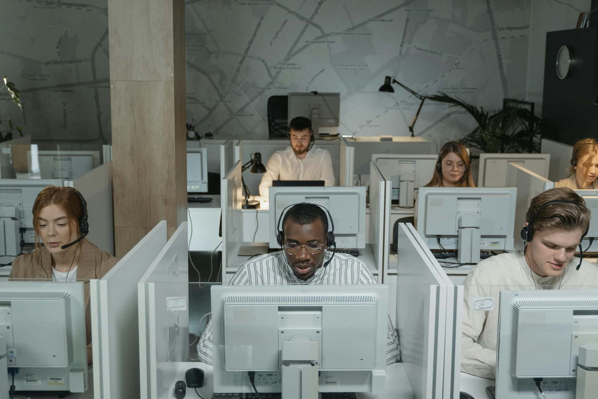 People working together in a call center office